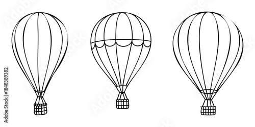 Three simple outline hot air balloons with baskets in a row, perfect for travel and adventure themed projects and promotions.