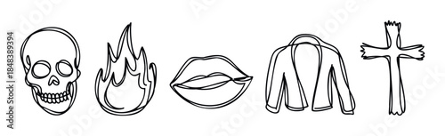 Collection of outline icons representing death, fire, lips, clothing and a cross, suitable for diverse symbolic or graphic applications and visual storytelling projects.
