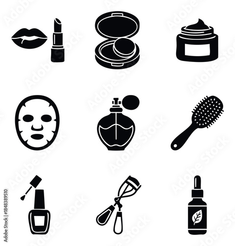 Collection of cosmetic icons for makeup and skincare applications including lipstick, powder compact, cream jar, face mask, perfume bottle, hairbrush, nail polish, eyelash curler, and serum
