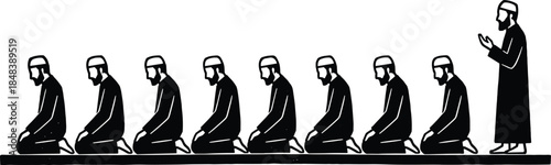 Muslim prayer congregation silhouettes, men performing salah in mosque with imam leading worship, Islamic religious devotion scene, isolated black vector illustration design