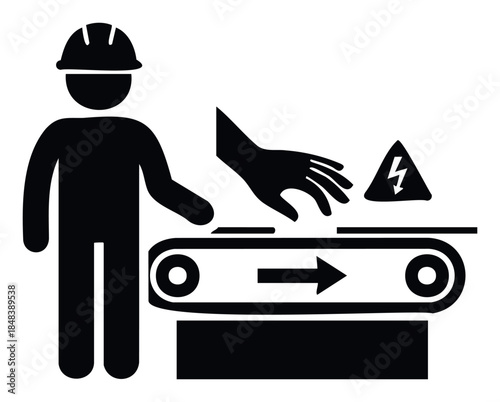 Worker with hard hat near conveyor belt and electrical hazard symbol representing industrial safety and workplace risks in manufacturing environments.