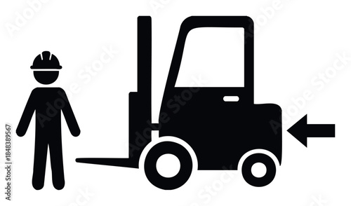 Safety warning silhouette of a person wearing hard hat next to a forklift truck with an arrow indicating danger zone for better workplace hazard awareness and industrial safety promotion in