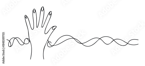 Continuous line drawing of a hand with manicured nails reaching out with a wavy abstract line extending from the wrist, perfect for symbolizing connection, creativity, or communication