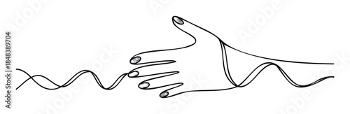 Elegant line drawing of a hand with manicured nails intertwined with a flowing wavy line suggesting connection or communication, perfect for graphic design and abstract themes.
