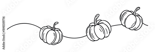Whimsical linear sequence of three cartoon pumpkins adorning a flowing curve, perfect for autumnal celebrations and seasonal invitations.
