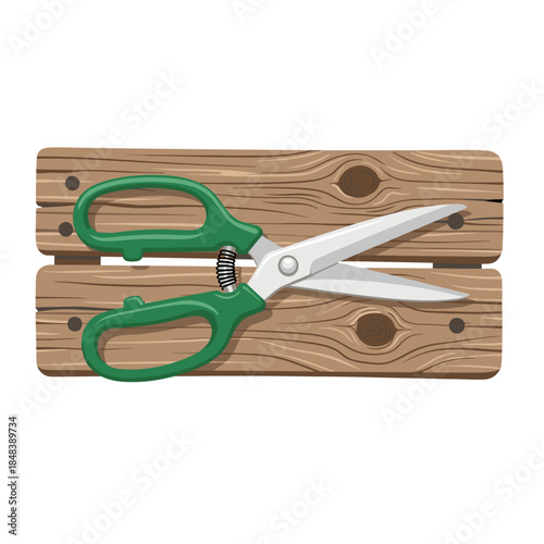 Garden scissors on wooden bench in flat vector style, natural palette, isolated on white with copy space