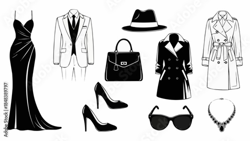 Elegant Fashion Collection Featuring Evening Gown Suit Handbag and Accessories.