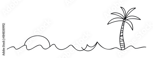 Minimalist line drawing depicts a tropical sunset over wavy ocean water with a lone palm tree on the right, perfect for summer vacation themes or seaside relaxation visuals.
