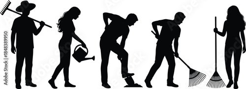 Garden work silhouettes collection, men and women gardening with rake shovel and watering can, outdoor labor and landscaping activities, isolated black vector illustration set