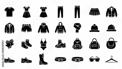 Collection of clothing and accessories icons for fashion and style.