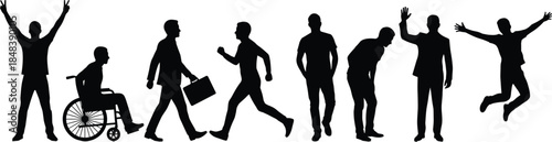 People silhouettes in diverse life activities isolated on white background representing inclusion mobility success celebration disability movement lifestyle