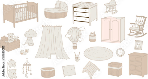 A comprehensive collection of hand-drawn baby nursery furniture and accessories, including a crib, changing table, rocking chair, and various decorative items in a soft, minimalist color palette.