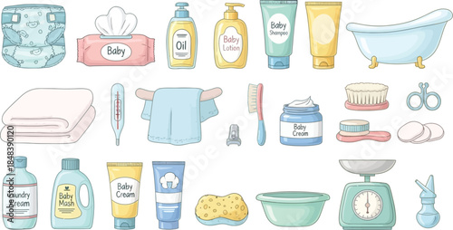 A comprehensive collection of essential baby care items and accessories, including diapers, bottles, and a bathtub, illustrated in a gentle watercolor style.