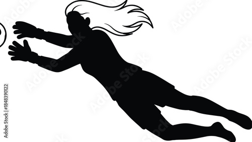 Female goalkeeper diving save silhouette, soccer football action pose with flying hair, dynamic sports moment, isolated black vector illustration for athletic design