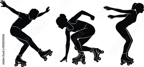 Roller skating silhouettes of women performing dynamic moves isolated on white background representing sport action balance fitness freedom