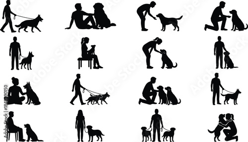 People and dog silhouettes collection, human pet interaction scenes including walking training playing and caring, animal companionship concept, isolated black vector illustration set