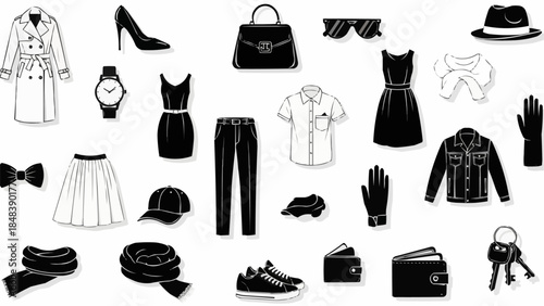 Collection of Black and White Fashionable Clothing and Accessories.