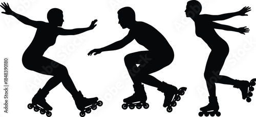 Roller skating silhouettes showing dynamic movement and balance isolated on white background representing sport action fitness freedom lifestyle