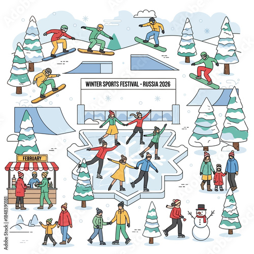 Winter Sports Festival People Enjoying Snowboarding and Dancing.