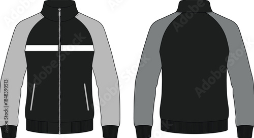 Men jacket front back view, modern zippered sportswear design, apparel mockup template, technical fashion clothing, cad drawing flat vector illustration