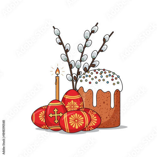 Easter holiday still life with eggs candle and cake decorated with flowers.