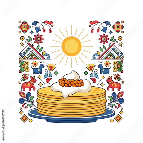 Delicious Stack of Pancakes with Cream and Caviar.