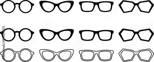 Eyeglasses outline vector set, retro and modern frames collection, minimalist line art eyewear icons for fashion, optical branding, and design projects