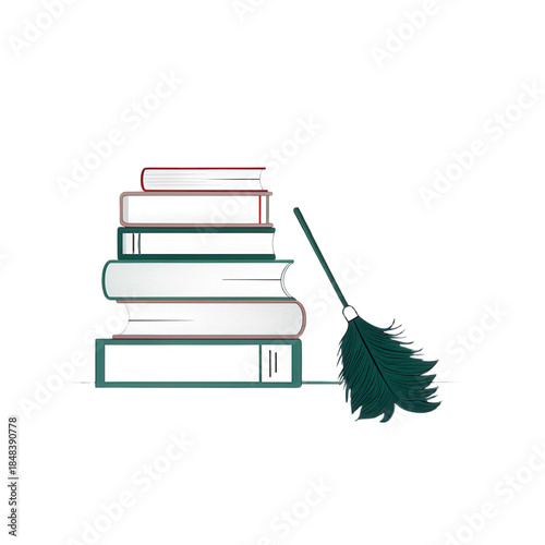Books stacked with feather duster on transparent background create classic and scholarly atmosphere