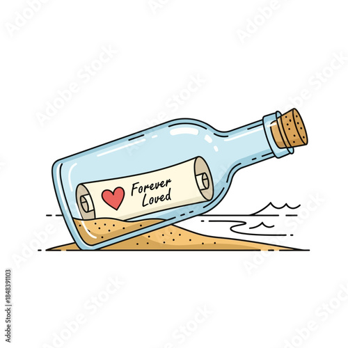 Message in a bottle with a forever loved message and a heart.