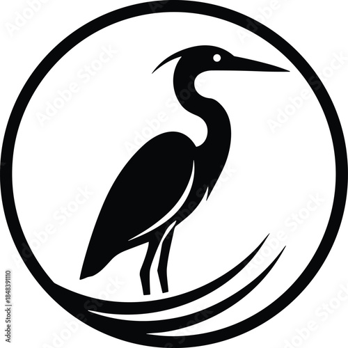 Black silhouette logo of a graceful heron or egret bird in a circle, representing nature, wildlife, elegance, coastal ecosystem, and corporate brand identity on white.
