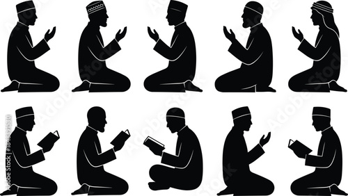Muslim prayer silhouettes collection, men praying and reading Quran poses, Islamic worship concept, isolated black vector illustration design