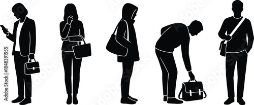 Business people silhouettes set, office workers standing with bags and phone, professional commuting poses, isolated black vector illustration for corporate, career, urban lifestyle design