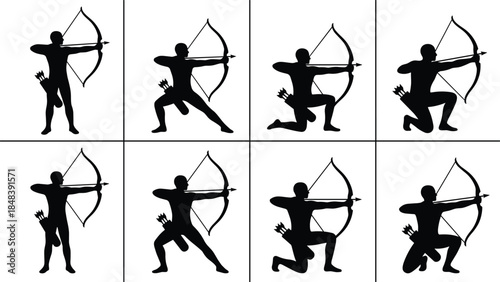 Archer silhouettes set, man shooting bow and arrow poses, archery sport action collection, isolated black vector illustration for competition, training, target practice design