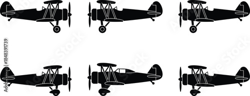 Vintage airplane silhouettes collection, classic propeller biplane aircraft views, aviation transport icons, isolated black vector illustration for retro, travel, history design