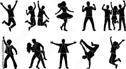 Happy people silhouettes collection, jumping dancing celebration poses, energetic men women figures, isolated black vector illustration for party, lifestyle, motion design