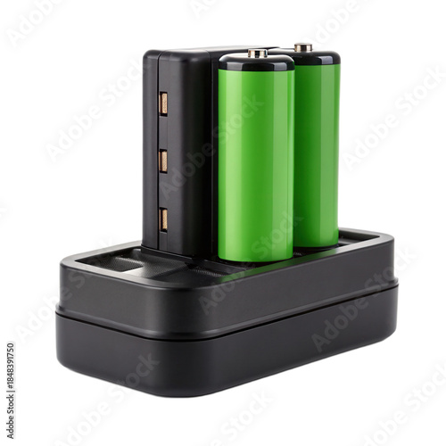 Rechargeable battery charger with transparent background, designed for efficient charging of batteries, showcasing sleek and modern look