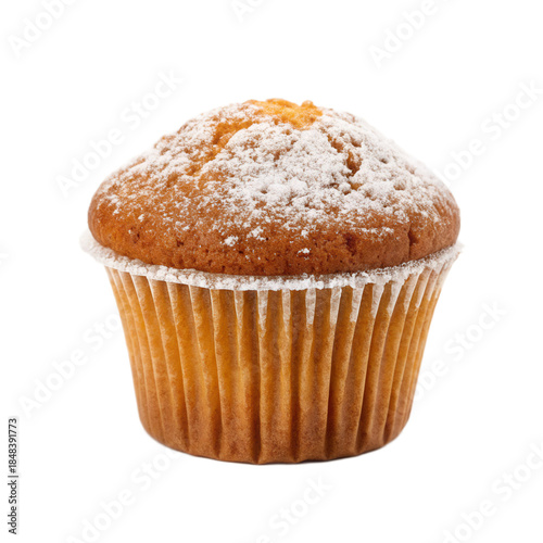 Delicious pumpkin spice muffin with transparent background, showcasing its fluffy texture and powdered sugar topping, perfect for any dessert lover
