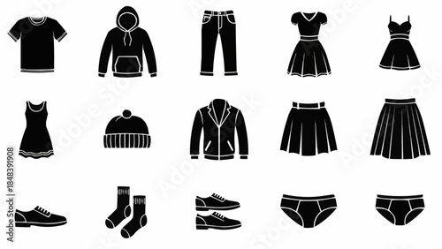 Collection of Black and White Icons Representing Various Clothing Items and Accessories.