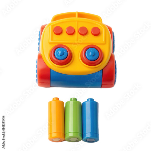 Colorful toy vehicle with three detachable colored batteries, designed for children. Ideal for playtime and learning, featuring transparent