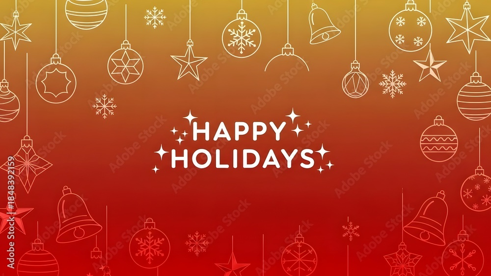 Fototapeta premium Warm gradient background in red and orange hues adorned with outline christmas ornaments, stars, bells, and snowflakes, featuring a central sparkling text of happy holidays