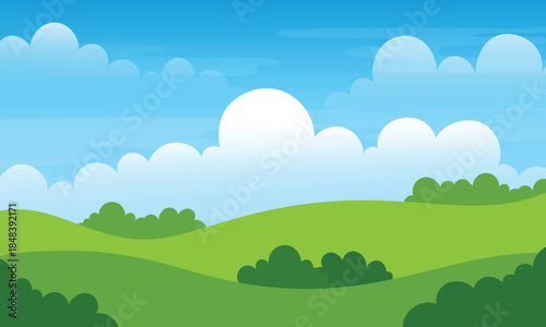 cartoon landscape of green hills with clouds on a blue sky background.for nature concept poster.vector illustration
