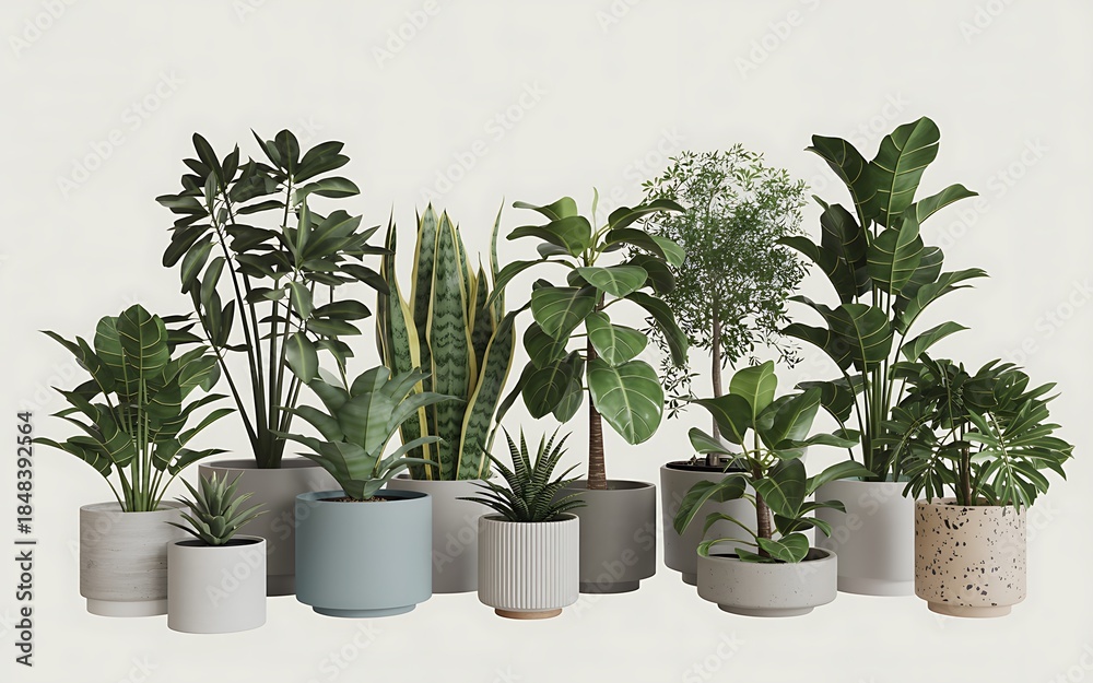 Obraz premium Variety of houseplants in different pots on white background