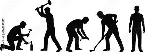 Construction worker silhouette set using tools hammer crowbar showing manual labor industry work process isolated white background concept