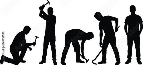 Construction worker silhouettes using hammer and crowbar showing manual labor strength industrial work process isolated white background concept set