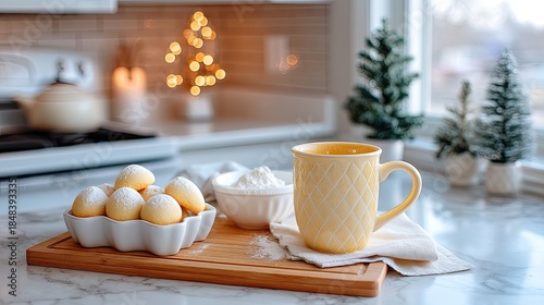 Wallpaper Mural Cozy Winter Kitchen Scene with Sweet Cookies, Warm Yellow Mug, Flour Bowl, and Festive Greenery for Baking Enthusiasts and Seasonal Decor Inspiration Torontodigital.ca