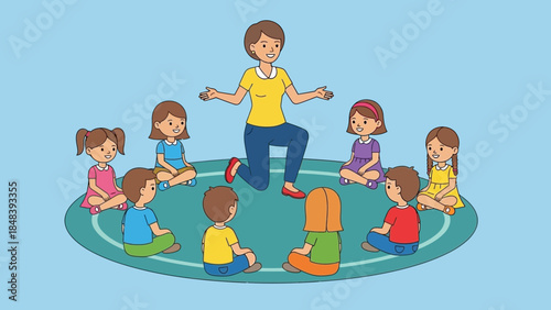 A smiling teacher leads a circle time activity with young children sitting attentively on a mat