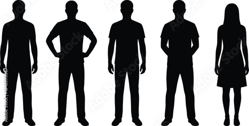 Standing human silhouettes front view male and female figures showing different body postures isolated white background people concept set