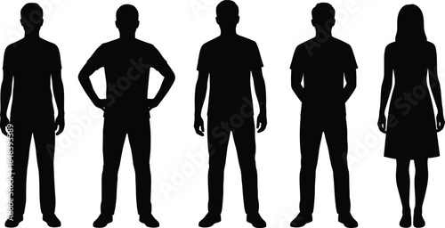 Standing people silhouette set front view male and female figures showing human body shapes isolated white background concept