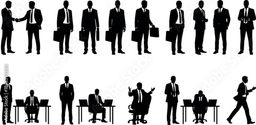 Businessman silhouette vector set showing executives, office workers and managers in professional poses, corporate lifestyle illustration isolated