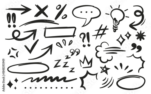 collection of hand drawn line scribble cute effect cartoon expression in variation shapes elements decoration